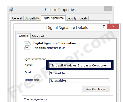 Screenshot of the Microsoft Windows 3rd party Component certificate